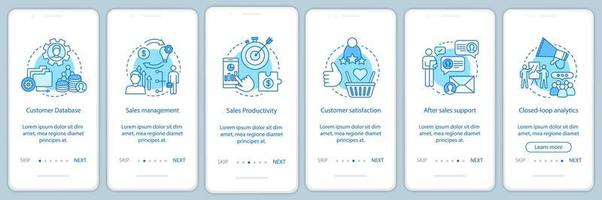 Rendimiento de ventas incorporación de plantilla de vector de pantalla de página de aplicación móvil. Pasos del sitio web del tutorial de retención de clientes. comercio. márketing. métricas comerciales. concepto de interfaz de teléfono inteligente ux, ui, gui