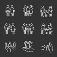 Child custody chalk icons set. Childcare. Family court, quarrel, parents scolding child, children protection and rights, domestic violence. Isolated vector chalkboard illustrations