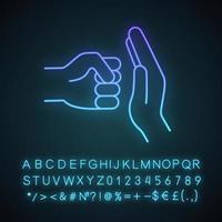 Domestic violence neon light icon. Domestic abuse. Family violence. Man fist and stop hand gesture. Glowing sign with alphabet, numbers and symbols. Vector isolated illustration