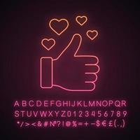 Like neon light icon. Thumbs up. Good, nice, ok hand gesture. Social media voting. Accept button. Rating, ranking. Glowing sign with alphabet, numbers and symbols. Vector isolated illustration