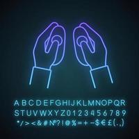 VR wireless controller neon light icon. Hands holding virtual reality gamepad. VR game console, remote control. Glowing sign with alphabet, numbers and symbols. Vector isolated illustration