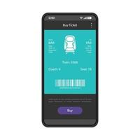 Online ticket booking and buying app interface vector template. E-tickets ordering. Mobile application page black design layout. Electronic train ticket on screen. Flat UI. Phone display