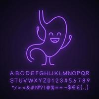 Smiling stomach character neon light icon. Healthy digestive system. Gastrointestinal tract health. Glowing sign with alphabet, numbers and symbols. Vector isolated illustration