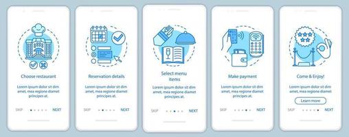 plantilla de vector de pantalla de página de aplicación móvil de incorporación de restaurante. evento de café de invitados. pago del menú de la cena. paso a paso del sitio web con ilustraciones lineales. concepto de interfaz de teléfono inteligente ux, ui, gui