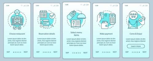 Restaurant onboarding mobile app page screen vector template. Event guest meal. Cafe dinner menu. Walkthrough website steps with linear illustrations. UX, UI, GUI smartphone interface concept