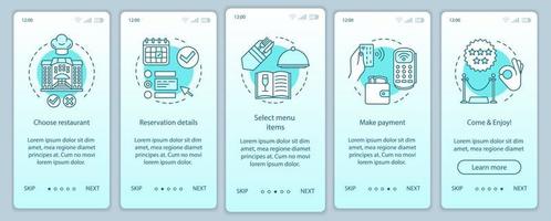 Restaurant onboarding mobile app page screen vector template. Event guest meal. Cafe dinner menu. Walkthrough website steps with linear illustrations. UX, UI, GUI smartphone interface concept