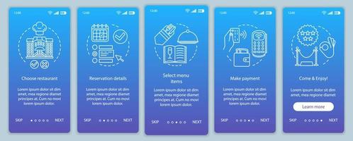 Restaurant onboarding mobile app page screen vector template. Event guest cafe meal. Coulsine dinner menu. Walkthrough website steps with linear illustrations. UX, UI, GUI smartphone interface concept