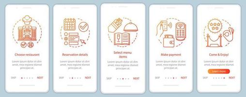 plantilla de vector de pantalla de página de aplicación móvil de incorporación de restaurante. comida del café invitado del evento. cena pago online. paso a paso del sitio web, ilustraciones lineales. concepto de interfaz de teléfono inteligente ux, ui, gui