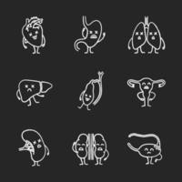 Sad human internal organs characters chalk icons set. Unhealthy cardiovascular, digestive, respiratory, reproductive, lymphatic, urinary systems. Isolated vector chalkboard illustrations