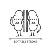 Sad human kidneys character linear icon. Thin line illustration. Unhealthy urinary tract. Urinary system disease. Nephropathy. Contour symbol. Vector isolated outline drawing. Editable stroke