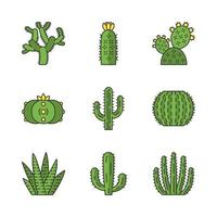 Wild cactuses color icons set. South American tropical flora. Succulents. Spiny plants. Cacti collection. Isolated vector illustrations