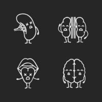 Conjunto de iconos de tiza de personajes de órganos internos humanos tristes. lengua infeliz, cerebro, bazo, riñones. Cavidad bucal insalubre, sistema nervioso, linfático, urinario. ilustraciones de pizarra vector aislado