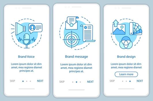 Branding elements onboarding mobile app page screen vector template. Brand voice. Walkthrough website steps with linear illustration. Brand message and design. UX, UI, GUI smartphone interface concept