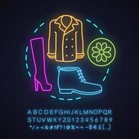 Spring fashion neon light concept icon. Clothing store. Outfit. Clothes and shoes idea. Glowing sign with alphabet, numbers and symbols. Vector isolated illustration