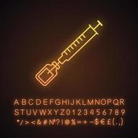 Vaccine neon light icon. Syringe with medicine vial. Tetanus, BCG immunization, vaccination. Medications, drugs injection. Glowing sign with alphabet, numbers and symbols. Vector isolated illustration