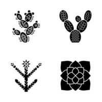 Desert plants glyph icons set. Exotic flora. Bunny ear cactus, prickly pear, cholla, ghost plant. American succulents. Silhouette symbols. Vector isolated illustration