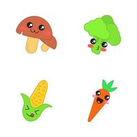 Vegetables cute kawaii vector characters. Mushrooms with smiling face. Happy carrot and corn. Kissing broccoli. Laughing food. Funny emoji, emoticon, smile. Isolated cartoon color illustration