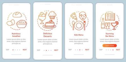 pantalla de la página de la aplicación móvil de incorporación del servicio de alimentos con conceptos lineales. café familiar. Comedor, menú del restaurante, paso a paso, pasos, instrucciones gráficas. ux, ui, plantilla de vector de interfaz gráfica de usuario con ilustraciones