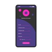 Create business account smartphone interface vector template. Mobile register page black design layout. Sign up fields app screen. Flat UI for application. Company registration form. Phone display