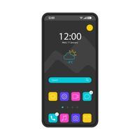 Home screen smartphone interface vector template. Mobile operating system page black design layout. Search bar, forecast. Start screen with app icons, shotcuts. Flat UI for application. Phone display