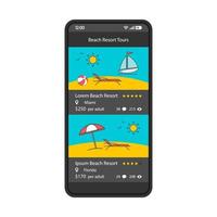 Beach resort tour app smartphone interface vector template. Mobile page black design layout. Online booking screen. Flat UI for application. Hotel search. Travel agency website. Phone display