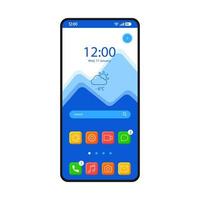 Home screen smartphone interface vector template. Mobile operating system page blue design layout. Search bar, forecast. Start screen with app icons, shortcuts. Flat UI for application. Phone display
