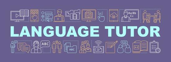 Language tutor word concepts banner. Video tutorials, courses, speaking club. Foreign language learning. Isolated lettering typography idea with linear icons. Presentation. Vector outline illustration