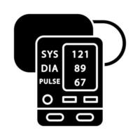 Digital upper arm blood pressure monitor glyph icon. Oximeter. Pulse, heart rate control, diagnosis. Medical device. Sphygmomanometer. Silhouette symbol. Negative space. Vector isolated illustration