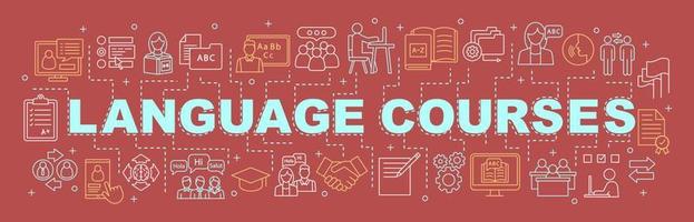 Foreign language learning courses word concepts banner. Isolated lettering typography idea with linear icons. Language, classes, school, lessons. Vector outline illustration