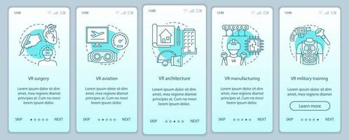 Virtual industry onboarding mobile app page screen with linear concepts. VR production, aviation, military, architecture walkthrough steps graphic instructions. UX, UI, GUI vector template with icons