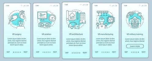 Virtual industry onboarding mobile app page screen with linear concepts. VR production, aviation, military, architecture walkthrough steps graphic instructions. UX, UI, GUI vector template with icons