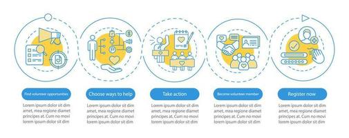 Volunteering vector infographic template. Humanitarian help. Volunteer program. Business presentation design. Data visualization with five steps and options. Process timeline chart. Workflow layout