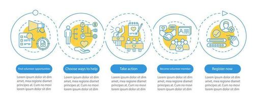 plantilla de infografía de vector de voluntariado. ayuda humanitaria. programa de voluntariado. diseño de presentación de negocios. visualización de datos con cinco pasos y opciones. gráfico de la línea de tiempo del proceso. diseño del flujo de trabajo