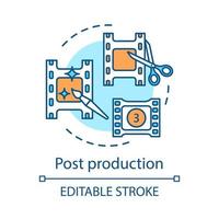 Post production concept icon. Video editing idea thin line illustration. Film making. Motion graphics. Director cut. Footage backup. Cinematography. Vector isolated outline drawing. Editable stroke