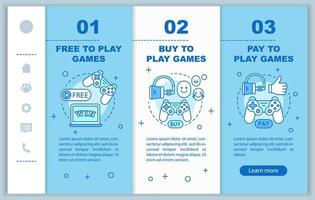 Buying apps and games onboarding mobile web pages vector template. Free, pay to play. Responsive smartphone website interface with linear illustrations. Webpage walkthrough step screens. Color concept