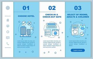 Hotel booking onboarding mobile web pages vector template. Choosing accommodation, apartment. Hostel, motel. Responsive smartphone website interface. Webpage walkthrough step screens. Color concept