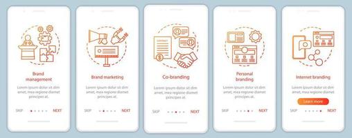 Branding types onboarding mobile app page screen, linear concepts. Co-branding. Five walkthrough steps graphic instructions. Brand management. UX, UI, GUI vector template, illustrations