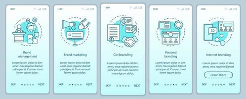 Branding types onboarding mobile app page screen vector template. Personal, internet branding, co-branding. Walkthrough website steps, linear illustrations. UX, UI, GUI smartphone interface concept