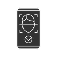 Face scan approved glyph icon. Silhouette symbol. Face scan protection mobile app. Facial recognition. Access granted. Negative space. Vector isolated illustration