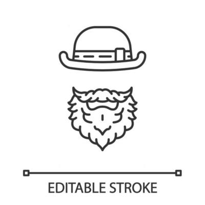 Leprechaun linear icon. Thin line illustration. Man with bowler hat and beard. Saint Patrick s Day contour symbol. Vector isolated outline drawing. Editable stroke