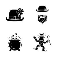 Saint Patrick s Day glyph icons set. Silhouette symbols. Feast of St. Patrick. Leprechauns, bowler hat with four leaf clover, pot of gold. Vector isolated illustration