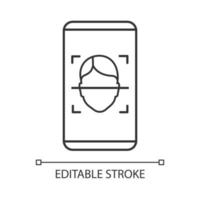 Face lock smartphone app linear icon. Face scan protection mobile application thin line illustration. Facial recognition software contour symbol. Vector isolated outline drawing. Editable stroke