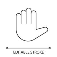 Raised hand emoji linear icon. Thin line illustration. High five. Stop hand gesture. Palm. Counting five. Contour symbol. Vector isolated outline drawing. Editable stroke