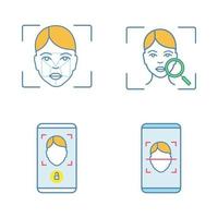 Facial recognition color icons set. Biometric identification. Faceprint analysis and scanning, face lock smartphone apps. Isolated vector illustrations