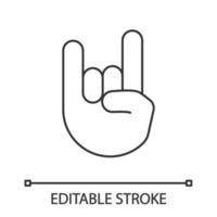 Rock on gesture linear icon. Thin line illustration. Horns sign emoji. Devil fingers. Heavy metal hand gesture. Contour symbol. Vector isolated outline drawing. Editable stroke