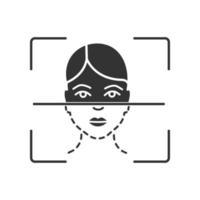 Face scanning process glyph icon. Silhouette symbol. Facial recognition. Biometric identification procedure. Face ID. Negative space. Vector isolated illustration