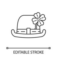 Bowler hat with four-leaf clover linear icon. Thin line illustration. Leprechaun s hat with shamrock. Saint Patrick s Day contour symbol. Vector isolated outline drawing. Editable stroke