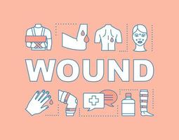 Wound word concepts banner. Fracture, bandaging. First-aid. Emergency help. Medical care. Presentation, website. Isolated lettering typography idea with linear icons. Vector outline illustration