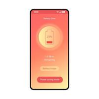 Battery saver, phone optimizer app smartphone interface vector template. Mobile utility application page coral design layout. Power saving mode flat gradient UI. Charge, energy optimization display