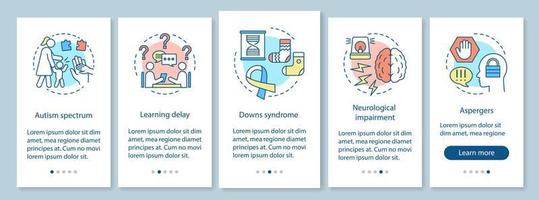 Pediatrics onboarding mobile app page screen, linear concepts. Children's nursing service walkthrough steps graphic instructions. Kids disorders home care. UX, UI, GUI vector template, illustrations